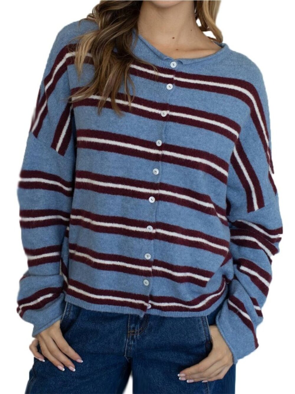 Womens Knit Striped Cardigan Sweater Lightweight Long Sleeve Tops
